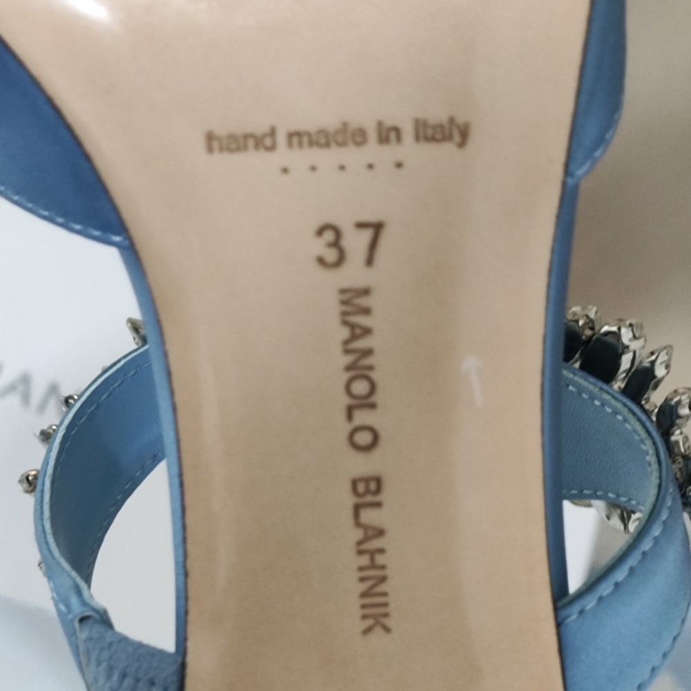 Manolo Blahnik Sky Blue Satin Crystal-Embellished Mule - Picture 14 of 14